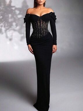 Off-Shoulder Black Beaded Corset Evening Dress